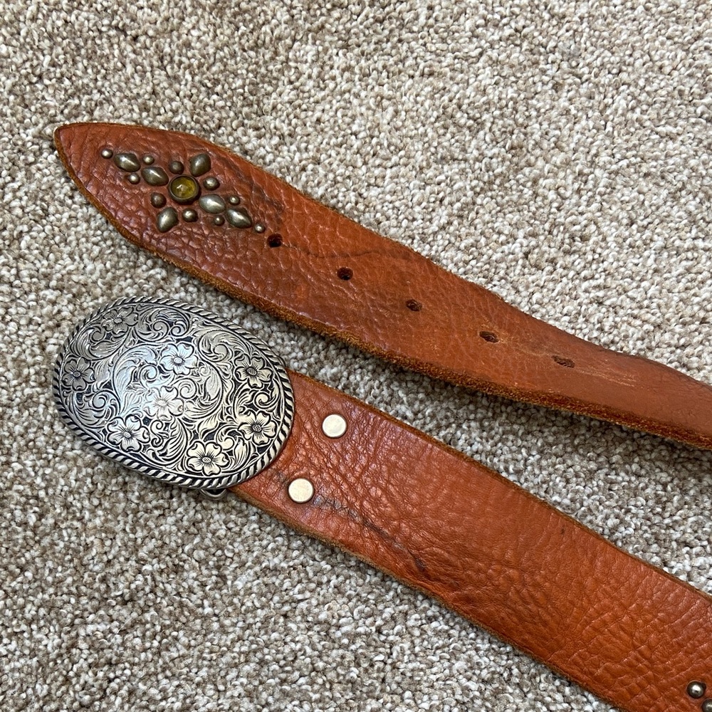 Tooled Leather Western Belt with Floral Silver-Tone Buckle